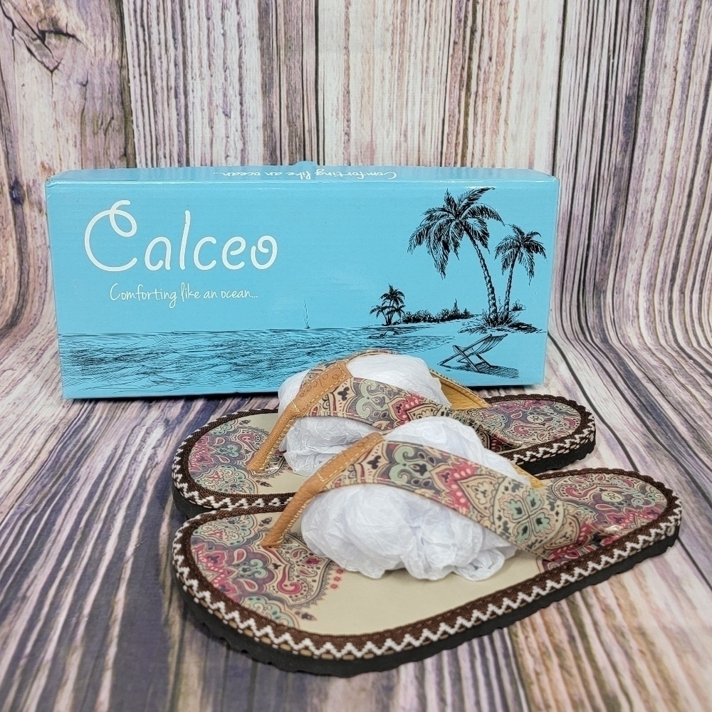 CALCEO Vegan Paisley Printed Thong Slide On Sandals